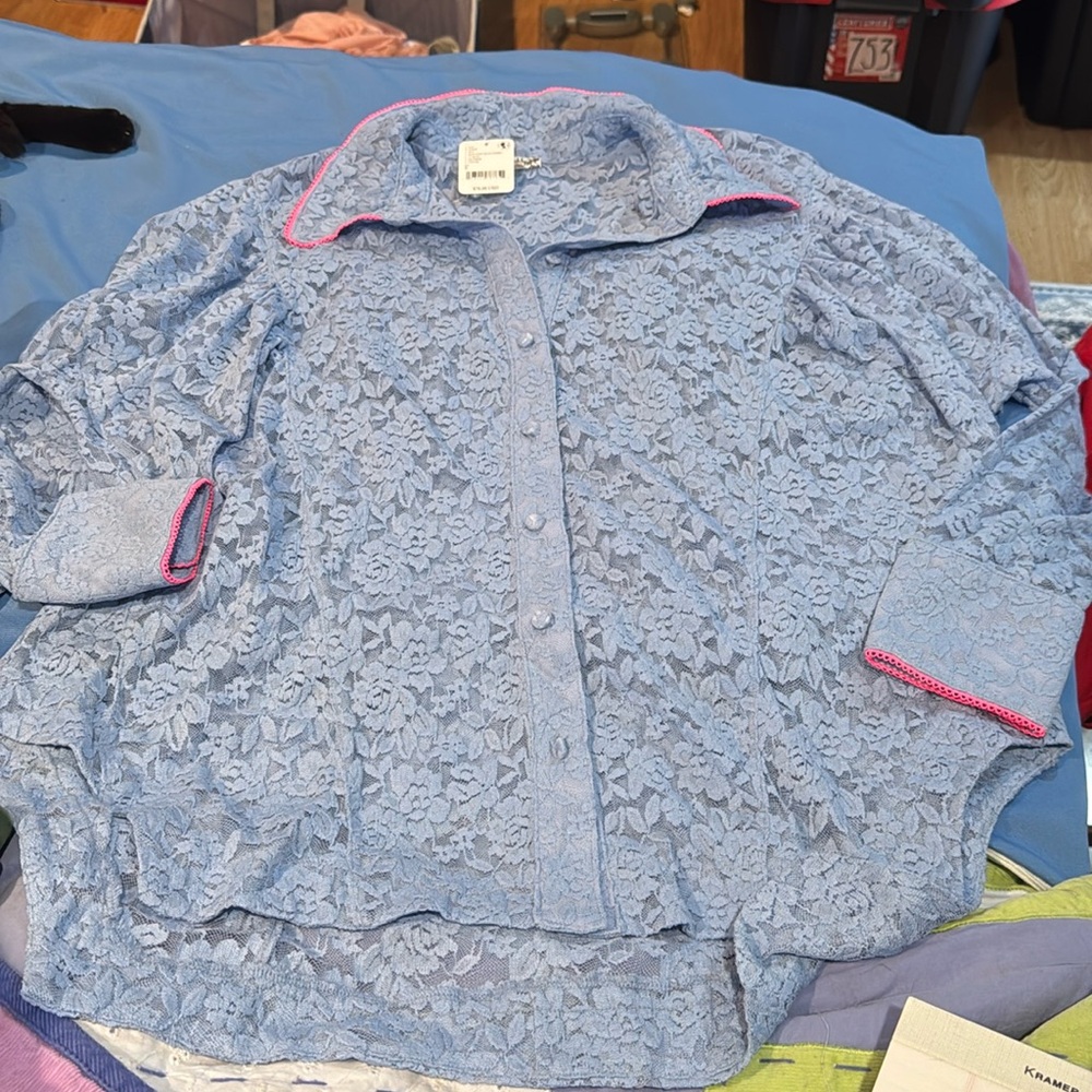 NWT Free People Intimately Blue Sz S Sleep Shirt Long Sleeve Lace Periwinkle Z54